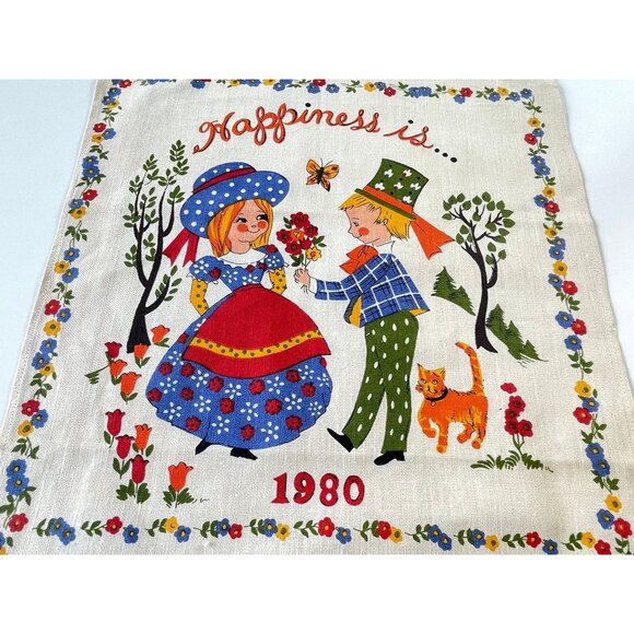 Vintage 1980 calendar tea towel, birth year dishcloth, "Happiness is..." - Picture 2 of 9